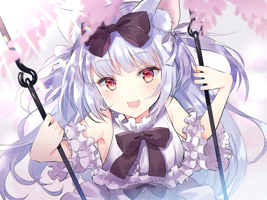 1girl :d animal_ears azur_lane bare_shoulders black_bow blurry blurry_foreground bow breasts cat_ears center_frills commentary_request depth_of_field dress fang frills hair_bow highres holding long_hair looking_at_viewer medium_breasts myusha off-shoulder_dress off_shoulder open_mouth red_eyes silver_hair smile solo two_side_up very_long_hair white_bow white_dress yukikaze_(azur_lane)