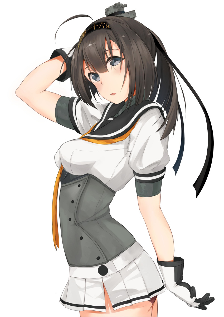 1girl ahoge akizuki_(kantai_collection) arm_behind_back ass black_hair black_ribbon blush breasts brown_hair eyebrows_visible_through_hair from_side gloves hair_between_eyes hand_in_hair highres kantai_collection kumanoko long_hair medium_breasts open_mouth panties purple_panties ribbon solo thighs underwear white_background