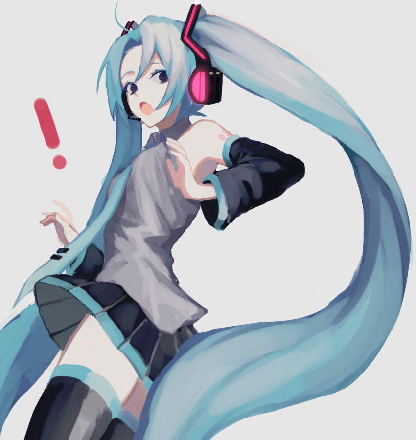 ! 1girl bare_shoulders black_legwear black_skirt blue_eyes collared_shirt cowboy_shot from_side grey_background grey_shirt hatsune_miku headphones highres long_hair long_sleeves looking_at_viewer microphone open_mouth p2_(uxjzz) shirt simple_background skirt sleeveless sleeveless_shirt solo thigh-highs twintails very_long_hair vocaloid wide_sleeves wing_collar