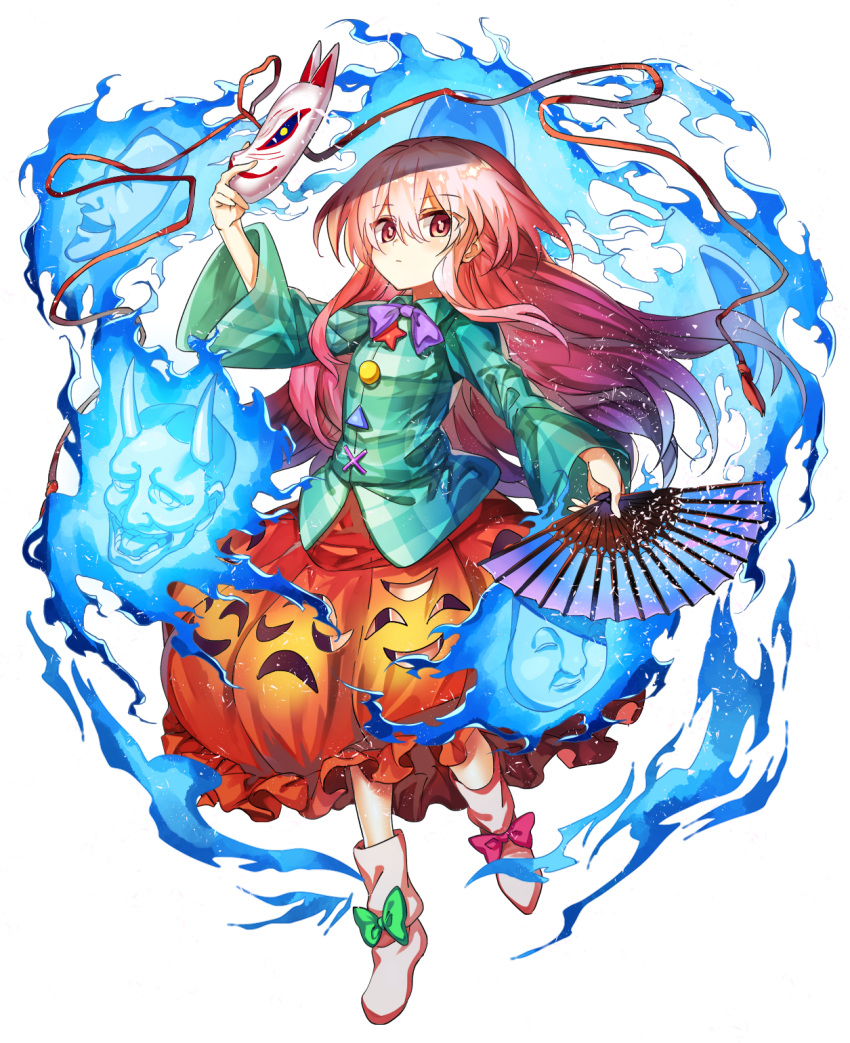 1girl aura blue_shirt bow bowtie buttons circle commentary_request eyebrows_visible_through_hair fan folding_fan fox_mask full_body green_bow hair_between_eyes hand_up hata_no_kokoro highres holding holding_fan holding_mask long_hair long_sleeves manarou mask no_shoes orange_skirt pink_bow pink_eyes pink_hair plaid plaid_shirt purple_bow purple_neckwear shirt sidelocks simple_background skirt sock_bow socks solo star tassel touhou triangle white_background white_legwear wide_sleeves x