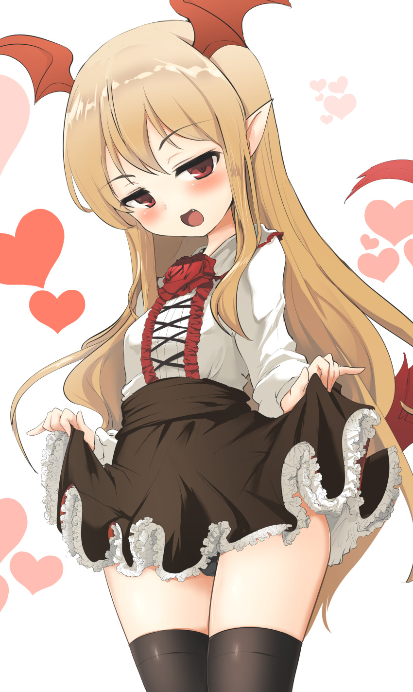 1girl :d absurdres bangs bat_wings black_legwear black_panties black_skirt blonde_hair breasts center_frills commentary_request eyebrows_visible_through_hair fang flower frills granblue_fantasy hair_between_eyes head_wings heart high-waist_skirt highres lifted_by_self long_hair long_sleeves momio open_mouth panties pointy_ears red_eyes red_flower red_rose red_wings rose shingeki_no_bahamut shirt skirt skirt_lift small_breasts smile solo thigh-highs underwear vampy very_long_hair white_background white_shirt wings