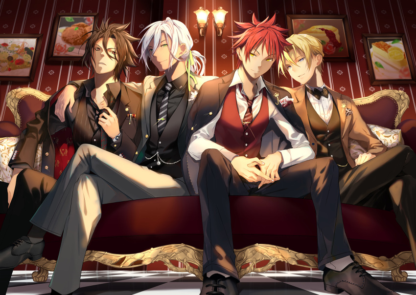 4boys blonde_hair blue_eyes brown_hair card commentary_request dark_skin dress_shoes formal green_ribbon hair_between_eyes hair_ribbon hayama_akira heikong highres kurokiba_ryou looking_at_viewer male_focus multiple_boys necktie pants parted_lips playing_card ponytail red_eyes redhead ribbon scar shokugeki_no_souma short_hair sitting smile spiky_hair suit suit_jacket takumi_aldini watch watch white_hair yellow_eyes yukihira_souma