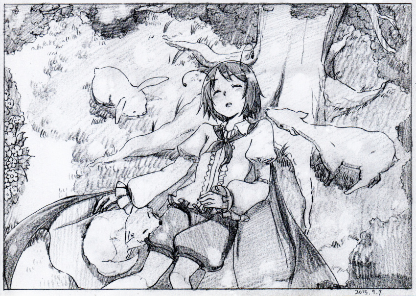 1girl antennae black_border blouse border bush cape character_request closed_eyes dated fawn flower fox graphite_(medium) grass greyscale highres juliet_sleeves key_frame long_sleeves lying monochrome nature on_back outdoors pink_x puffy_sleeves rabbit scan short_hair shorts sleeping solo touhou traditional_media tree tree_shade under_tree