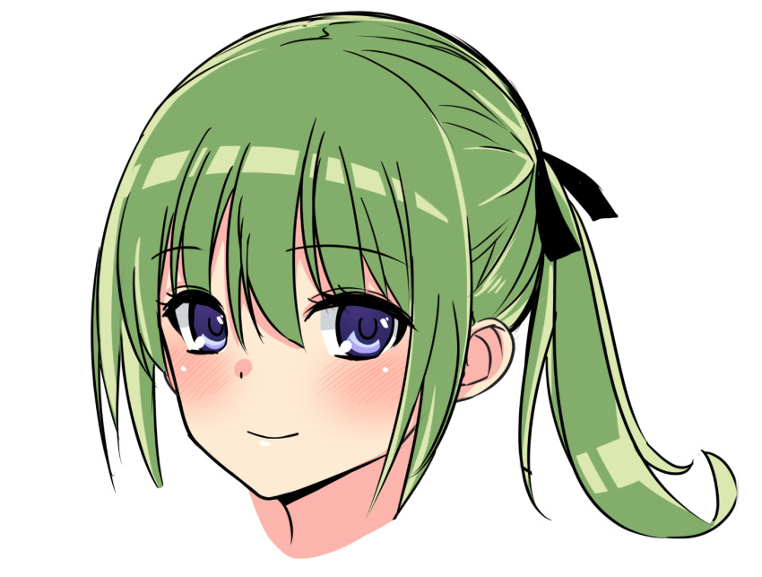 1girl bangs black_ribbon blue_eyes blush closed_mouth copyright_request green_hair hair_ribbon looking_at_viewer nezuko ponytail portrait ribbon simple_background smile solo white_background