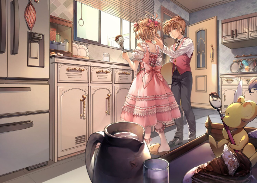 1boy 1girl bear black_footwear black_neckwear black_pants blinds brown_eyes cabinet cake card_captor_sakura chocolate cooking couple cup day detached_sleeves door double_bun dress dress_shirt drinking_glass eyebrows_visible_through_hair facing_another facing_away food fork from_behind hair_between_eyes hanababy91 hand_in_another's_hair hetero holding holding_tray indoors kero kinomoto_sakura kitchen li_xiaolang light_brown_hair long_sleeves looking_at_another mug necktie off-shoulder_dress off_shoulder pants pink_dress pink_legwear pitcher plate puffy_short_sleeves puffy_sleeves refrigerator ribbon-trimmed_clothes ribbon_trim shirt short_hair short_sleeves slippers smile standing tile_floor tiles tray waistcoat whisk white_shirt window