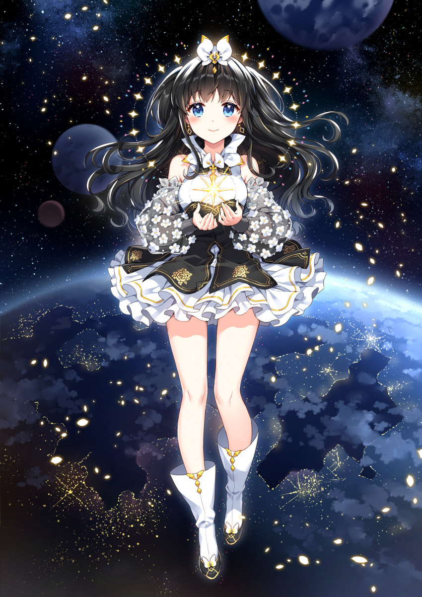 1girl bare_shoulders black_hair blue_eyes blush boots bow breasts closed_mouth commentary dress earrings hair_bow highres jewelry long_hair long_sleeves medium_breasts nardack original planet puffy_long_sleeves puffy_sleeves see-through smile solo space star_(sky) symbol_commentary very_long_hair white_bow white_dress white_footwear