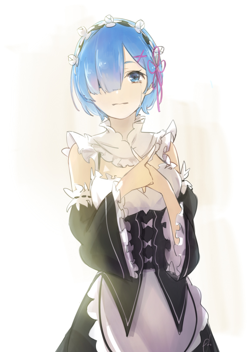 1girl apron blue_eyes blue_hair breasts crossed_fingers crying crying_with_eyes_open detached_sleeves frilled_sleeves frills hair_ornament hair_over_eyes hair_over_one_eye hand_up hantasy highres maid maid_apron maid_headdress pink_ribbon re:zero_kara_hajimeru_isekai_seikatsu rem_(re:zero) ribbon ribbon-trimmed_clothes ribbon_trim short_hair tears underbust wavy_mouth x_hair_ornament