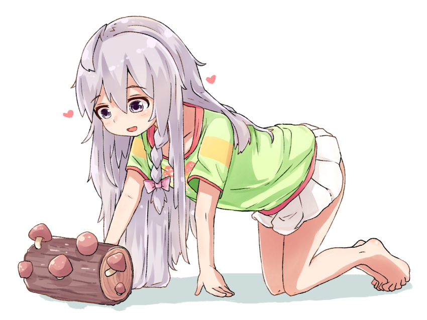 1girl :d aki_(sangetusei) all_fours arm_support bangs bow commentary_request eyebrows_visible_through_hair food_print full_body green_skirt grey_hair hair_between_eyes hair_ribbon heart highres hoshi_shouko idolmaster idolmaster_cinderella_girls kneeling leaning_forward light_blush log long_hair looking_ahead miniskirt mushroom mushroom_print open_mouth pink_bow pleated_skirt ribbon shadow short_sleeves simple_background skirt smile solo tress_ribbon white_background white_skirt