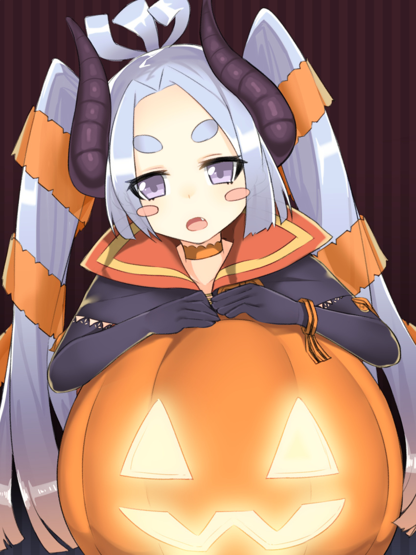 1girl bangs black_gloves blue_hair blush_stickers character_request choker elbow_gloves fang gloves halloween head_tilt highres horns jack-o'-lantern long_hair looking_at_viewer nezuko open_mouth orange_choker parted_bangs pumpkin sengoku_bushouki_muramasa solo striped striped_background thick_eyebrows topknot twintails violet_eyes