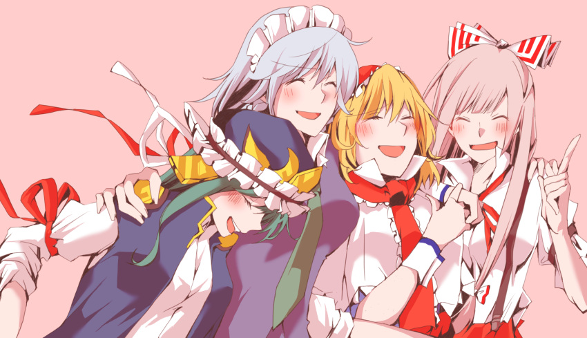 4girls alice_margatroid arm_around_shoulder blonde_hair blush closed_eyes commentary_request enpitsu_(enpitsu_4b) fujiwara_no_mokou green_hair hairband hand_on_another's_shoulder hat highres izayoi_sakuya lolita_hairband long_hair maid_headdress medium_hair multiple_girls neckwear open_mouth pointing pointing_up red_ribbon ribbon shiki_eiki silver_hair smile touhou upper_body