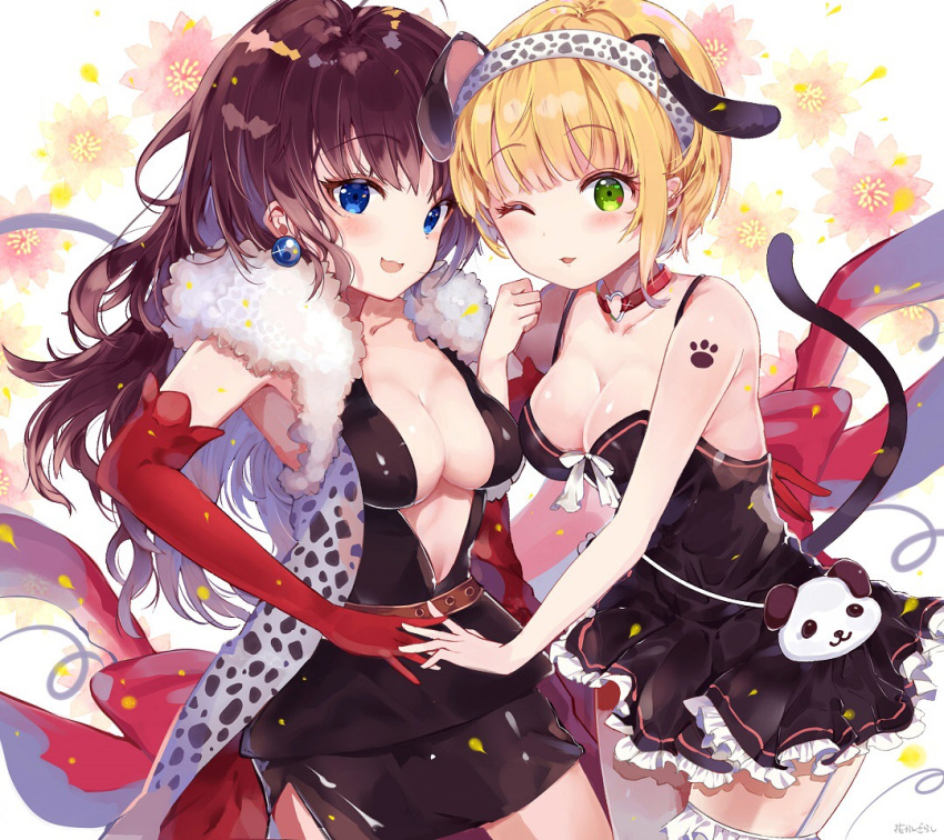 2girls :d animal_bag animal_ears animal_print bangs bare_arms bare_shoulders blonde_hair blue_eyes blush breasts brown_belt brown_dress brown_hair cleavage closed_eyes collarbone commentary_request dress earrings elbow_gloves flower fur_collar gloves green_eyes hairband hanakanzarashi heart ichinose_shiki idolmaster idolmaster_cinderella_girls jewelry leopard_print long_hair looking_at_viewer medium_breasts miyamoto_frederica multiple_girls one_eye_closed open_mouth parted_lips pink_flower print_hairband red_gloves sidelocks sleeveless sleeveless_dress smile tail thigh-highs very_long_hair white_background white_legwear yellow_flower
