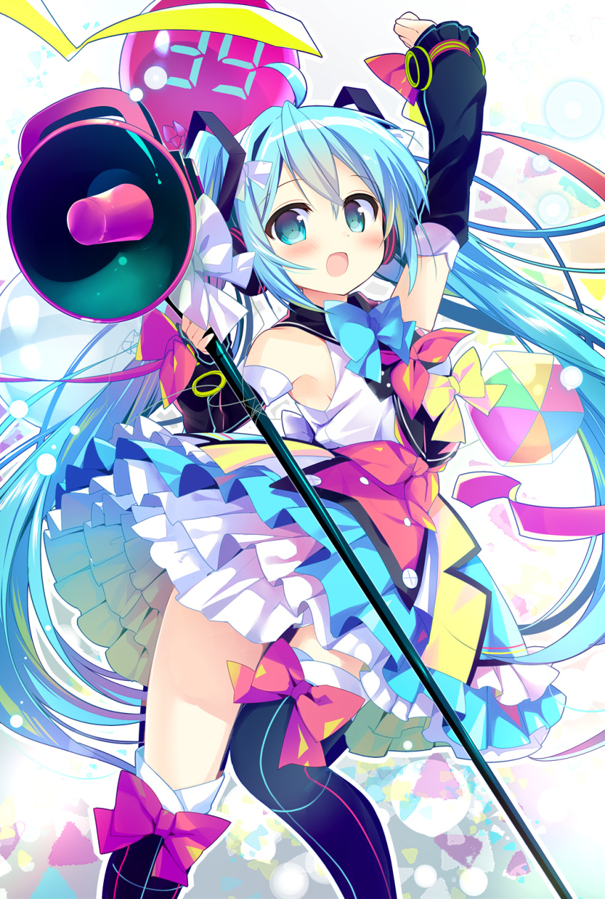 1girl 39 ahoge aqua_eyes aqua_hair arm_up balloon blush bow bowtie detached_sleeves hair_between_eyes hatsune_miku headphones highres long_hair magical_mirai_(vocaloid) megaphone nagayama_yuunon open_mouth skirt solo thigh-highs twintails very_long_hair vocaloid white_background