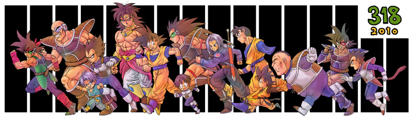 2010 6+boys :d armor arms_up bald bandanna bardock black_background black_eyes black_hair black_pants blue_eyes boots bracelet broly brothers dark_skin dark_skinned_male diadem dougi dragon_ball dragonball_z earrings facial_hair father_and_son frown full_body gloves happy height_difference jacket jewelry long_hair long_sleeves looking_at_another looking_at_viewer looking_away multiple_boys muscle mustache nappa necklace neko_majin_(series) nervous number one_leg_raised onio_(neko_majin) open_mouth outstretched_arm pants profile purple_hair radar raditz running saiyan scar serious shirtless short_hair siblings simple_background smile son_gohan son_gokuu son_goten spiky_hair stargeyser sweatdrop sword tail tarble trunks_(dragon_ball) tullece two-tone_background vegeta very_long_hair weapon wristband