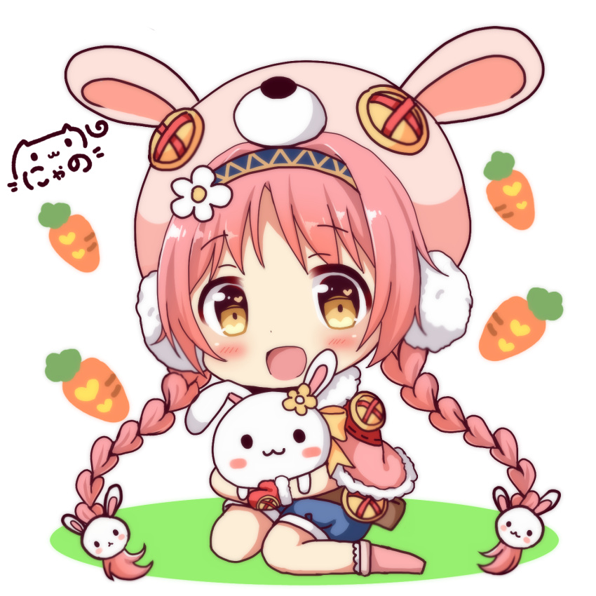 1girl :3 :d akane_mimi animal animal_ears animal_hat animal_hug blue_shorts blush boots bow braid brown_eyes bunny_hair_ornament bunny_hat capelet carrot chibi closed_mouth commentary_request earmuffs flower fur-trimmed_capelet fur-trimmed_mittens fur_trim hair_flower hair_ornament hat heart heart_in_eye highres long_hair low_twintails mittens nyano21 open_mouth pink_capelet pink_footwear pink_hair princess_connect! princess_connect!_re:dive puffy_shorts rabbit rabbit_ears red_mittens short_shorts shorts signature sitting smile socks solo symbol_in_eye twin_braids twintails very_long_hair wariza white_background white_flower white_legwear yellow_bow yellow_flower