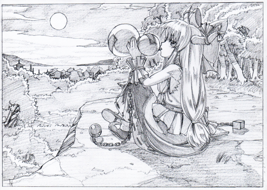 1girl arm_support ball_and_chain_restraint bow chains cliff clouds cuffs dated drinking forest from_side gourd graphite_(medium) greyscale hair_bow hand_up highres holding horn_bow horn_ornament horns ibuki_suika key_frame long_skirt looking_at_viewer looking_to_the_side monochrome nature outdoors pink_x scan shoes sitting skirt sky solo touhou traditional_media vest