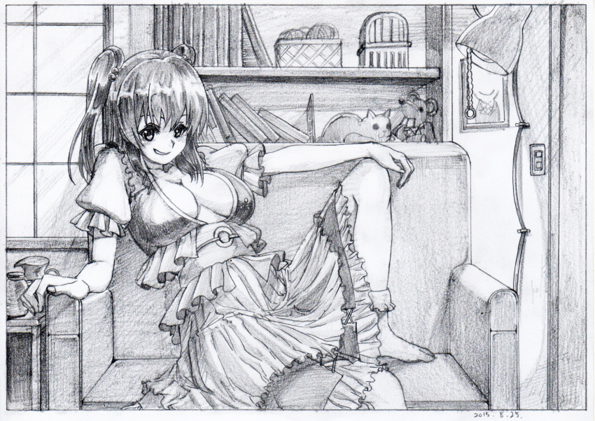 1girl ankleband barefoot black_border book border box breasts breasts_apart couch cup dated fingernails graphite_(medium) greyscale hair_bobbles hair_ornament highres knee_up lamp large_breasts looking_at_viewer monochrome onozuka_komachi parted_lips pink_x puffy_short_sleeves puffy_sleeves sash scan shelf short_sleeves sitting skirt smile solo teacup touhou traditional_media two_side_up window