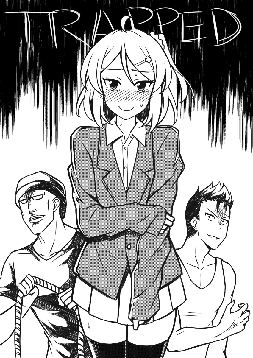 3boys absurdres beanie comic commentary cover cover_page crossdressinging english english_commentary greyscale grin hat highres looking_at_viewer monochrome multiple_boys original pcmaniac88 pleated_skirt rope shaded_face shirt skirt smile t-shirt tank_top tearing_up thigh-highs trap veins white_background zettai_ryouiki