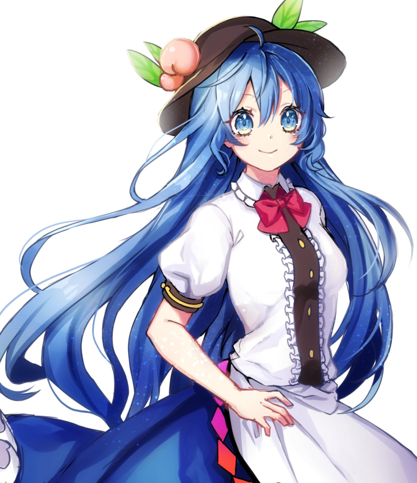 1girl ahoge alternate_eye_color black_hat blouse blue_eyes blue_hair blue_skirt bow bowtie commentary_request cowboy_shot eyebrows_visible_through_hair food frilled_blouse frilled_shirt_collar frills fruit hair_between_eyes hand_on_hip hat highres hinanawi_tenshi kyouda_suzuka leaf long_hair looking_at_viewer peach petticoat puffy_short_sleeves puffy_sleeves red_bow red_neckwear short_sleeves simple_background skirt smile solo standing touhou very_long_hair white_background white_blouse wing_collar