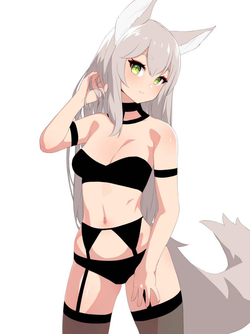 1girl animal_ears armband bare_shoulders black_bra black_choker black_panties blush bra breasts choker cleavage cowboy_shot eyebrows_visible_through_hair fox_ears fox_tail garter_straps green_eyes grey_hair hand_in_hair hand_up head_tilt highres legs_apart looking_at_viewer medium_breasts navel nezuko original panties parted_lips simple_background slit_pupils smile solo standing tail thigh-highs underwear white_background