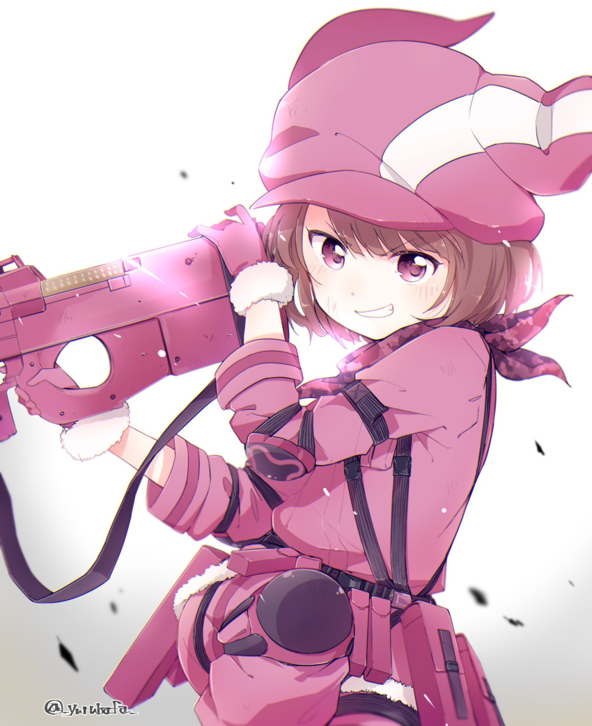 &gt;:) 1girl animal_ears animal_hat arm_strap arm_up artist_name backlighting bafarin bandanna bangs bloom blunt_bangs blurry blush bob_cut breast_pocket brown_hair bullpup bunny_hat cowboy_shot depth_of_field diffraction_spikes elbow_pads eyebrows_visible_through_hair finger_on_trigger fur-trimmed_gloves fur_trim gloves gradient gradient_background grin gun hat head_tilt highres holding holding_gun holding_weapon holster jacket knee_pads knee_up leg_strap leg_up llenn_(sao) long_sleeves looking_at_viewer p-chan_(sao) p90 pants pink_bandanna pink_eyes pink_gloves pink_hat pink_jacket pink_pants pocket rabbit_ears scratches short_hair simple_background sleeve_cuffs smile smirk solo standing submachine_gun swept_bangs sword_art_online sword_art_online_alternative:_gun_gale_online teeth tsurime twisted_torso weapon white_background