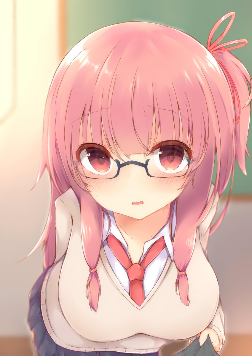 1girl absurdres arm_behind_back bangs bespectacled blurry blurry_background blush breasts chalkboard classroom commentary_request embarrassed eyebrows_visible_through_hair glasses hair_ribbon highres indoors kotonoha_akane large_breasts leaning_forward long_hair long_sleeves looking_at_viewer necktie one_side_up open_mouth pink_eyes pink_hair pleated_skirt red_neckwear ribbon school_uniform semi-rimless_eyewear sidelocks skirt solo sorahachi_(sora823) sweatdrop sweater voiceroid wavy_mouth wing_collar
