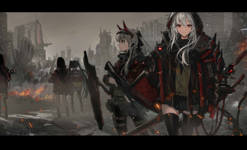 5girls absurdres animal_ears bangs black_jacket black_legwear black_skirt blue_eyes city earpiece eyebrows_visible_through_hair fake_animal_ears fire gloves grey_hair grey_sky gun highres holding holding_weapon holster hood hood_up jacket letterboxed long_hair looking_at_another looking_at_viewer looking_back miniskirt multiple_girls original pantyhose parted_lips pleated_skirt ponytail red_eyes red_gloves rifle ruins skirt skirt_lift smile standing sword thigh-highs thigh_holster twintails very_long_hair weapon white_hair wind wind_lift wu_lun_wujin zettai_ryouiki