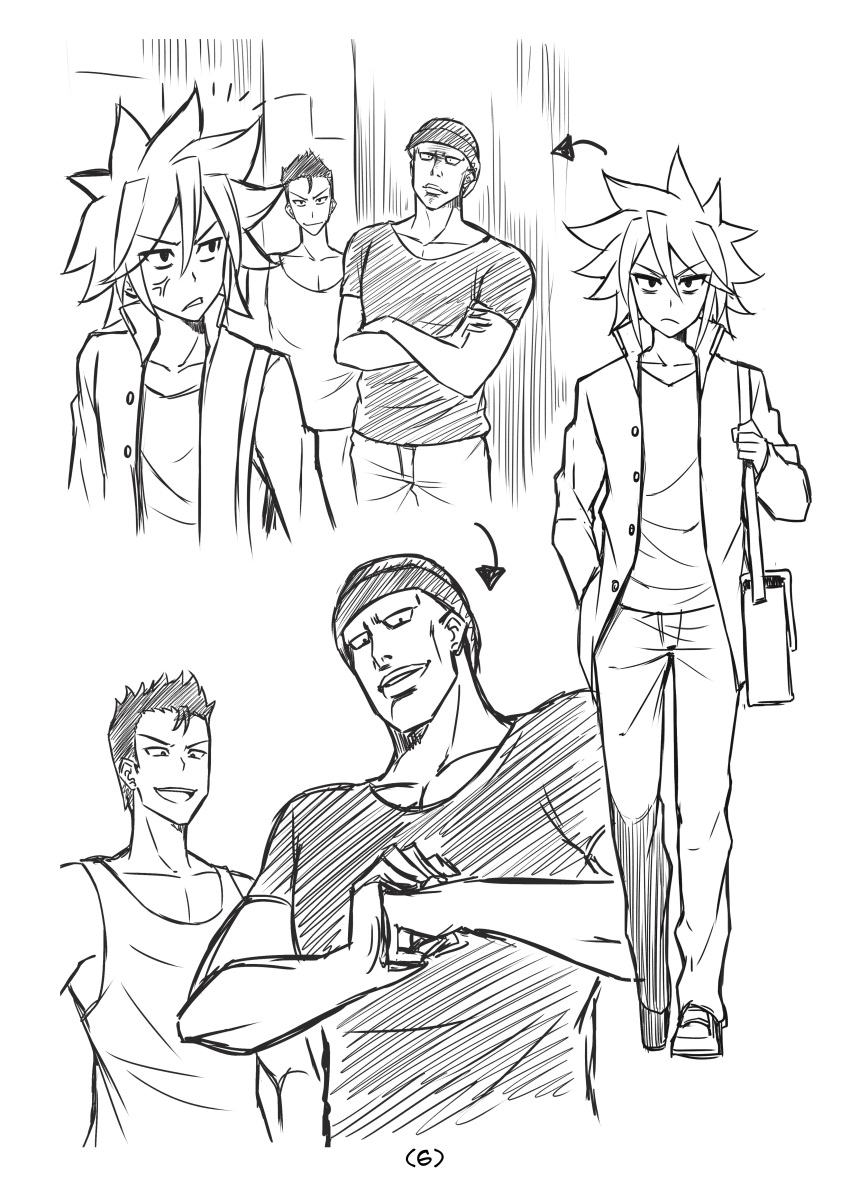 3boys :d absurdres anger_vein bag beanie comic crossed_arms fist_in_hand full_body greyscale hand_in_pocket hat highres monochrome multiple_boys open_mouth original pants pcmaniac88 satchel shirt silent_comic smile spiky_hair standing t-shirt tank_top