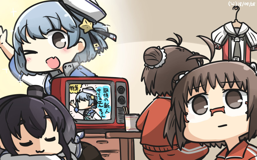 3girls :3 :d antenna_hair bespectacled blue_hair blush brown_eyes brown_hair commentary_request dated double_bun fang from_behind glasses grey_hair hair_bun hamu_koutarou hat highres kantai_collection multiple_girls naka_(kantai_collection) one_eye_closed open_mouth ramen red-framed_eyewear remodel_(kantai_collection) rimless_eyewear samuel_b._roberts_(kantai_collection) sitting sleeping smile sparkle star_hat_ornament television tokitsukaze_(kantai_collection) track_suit translated