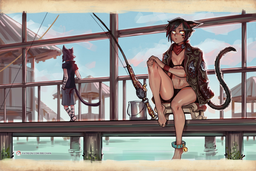 1girl animal_ears ankle_bell anklet barefoot bbc-chan bell bikini black_bikini black_hair breasts bucket cat_ears cat_tail commentary dark_skin english_commentary eyeshadow final_fantasy final_fantasy_xiv fishing_rod jacket_on_shoulders jewelry jingle_bell makeup miqo'te neckerchief pier short_hair sitting small_breasts solo_focus stool swimsuit tail toes yellow_eyes