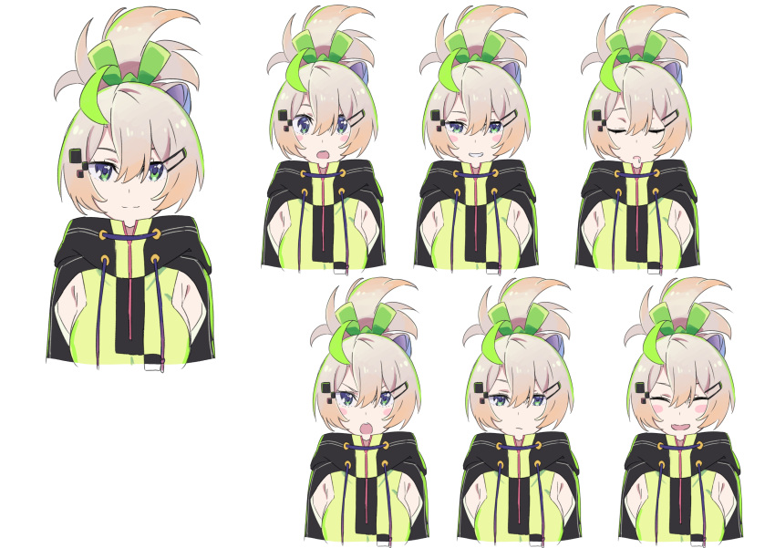 1girl :d :o absurdres blue_eyes blush_stickers breasts cropped_torso expressions green_hoodie green_ribbon hair_between_eyes hair_ornament hair_ribbon hairclip highres hood hood_down hoodie light_brown_hair looking_at_viewer open_mouth original parted_lips raglan_sleeves ribbon saliva sideboob sleeping smile tama topknot