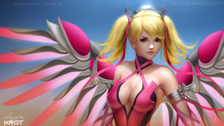 1girl alternate_costume alternate_hairstyle artist_name bare_shoulders blonde_hair blue_background blue_eyes breasts brown_background cleavage criss-cross_halter dress gloves gradient gradient_background hair_ribbon halterneck highres large_breasts light_smile lips looking_at_viewer mechanical_halo mechanical_wings mercy_(overwatch) nose overwatch pink_dress pink_lips pink_mercy pink_ribbon pink_wings ribbon shurakrgt signature sleeveless sleeveless_dress solo twintails upper_body wings