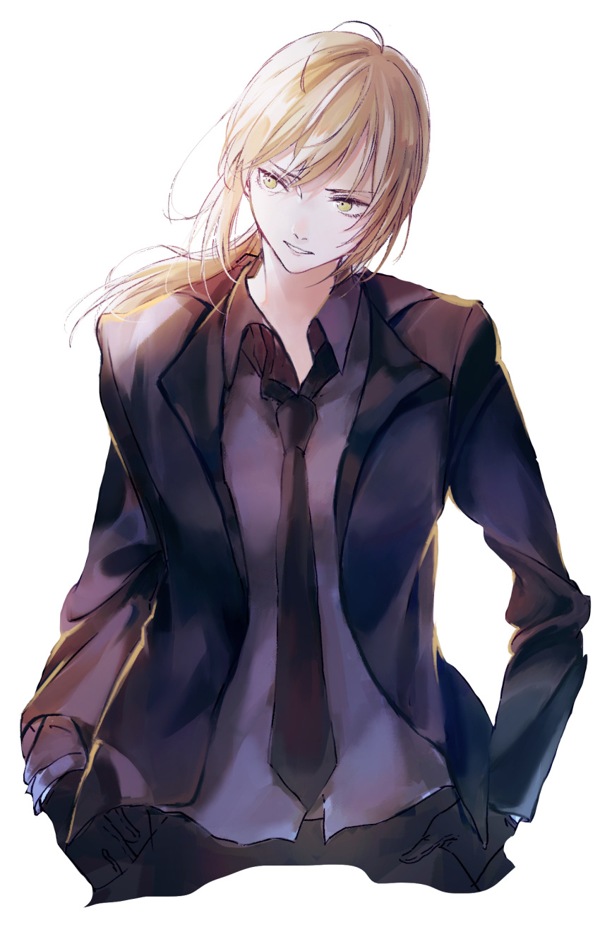 1girl ahoge alternate_costume artoria_pendragon_(all) black_jacket black_neckwear blonde_hair breasts business_suit cropped_torso erenaibi fate_(series) formal green_eyes hair_ribbon hands_in_pockets highres jacket looking_away necktie open_clothes open_jacket parted_lips ponytail ribbon saber shirt simple_background smile solo suit white_background white_shirt