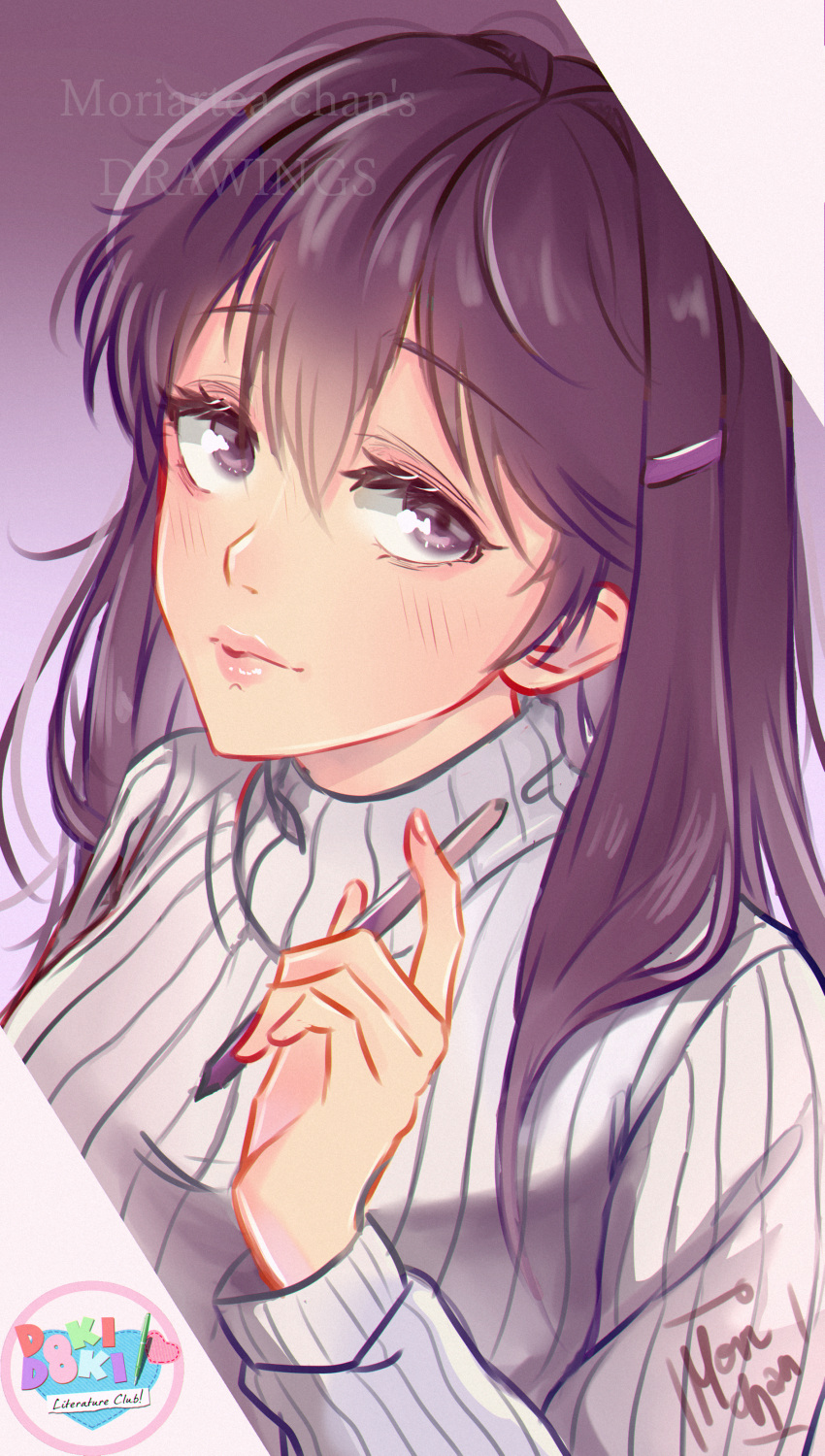 1girl absurdres artist_name commentary copyright_name doki_doki_literature_club english_commentary hair_between_eyes hair_ornament hairclip highres holding holding_pen huge_filesize long_hair looking_at_viewer moriartea-chan pen purple_hair ribbed_sweater solo sweater upper_body violet_eyes white_sweater yuri_(doki_doki_literature_club)