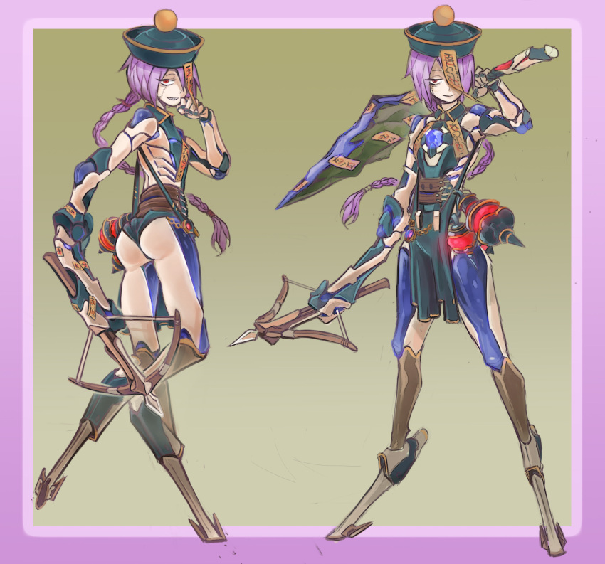 1girl absurdres android bonesfish bow_(weapon) braid chest_jewel crossbow digitigrade grin hair_over_one_eye hat highres jiangshi lantern ofuda original over_shoulder purple_hair red_eyes robot_joints scar sharp_teeth smile stitches sword sword_over_shoulder teeth weapon weapon_over_shoulder