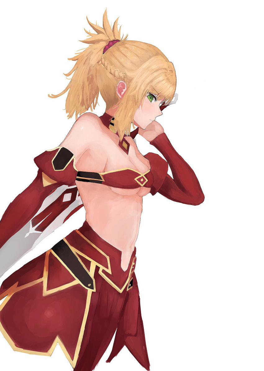 1girl blonde_hair braid breasts clarent cleavage commentary_request detached_collar fate/grand_order fate_(series) french_braid hair_ornament hair_scrunchie highres midriff mordred_(fate) mordred_(fate)_(all) msh_(meeeeeeeeeelt) over_shoulder ponytail scrunchie short_hair small_breasts solo sword sword_over_shoulder under_boob weapon weapon_over_shoulder