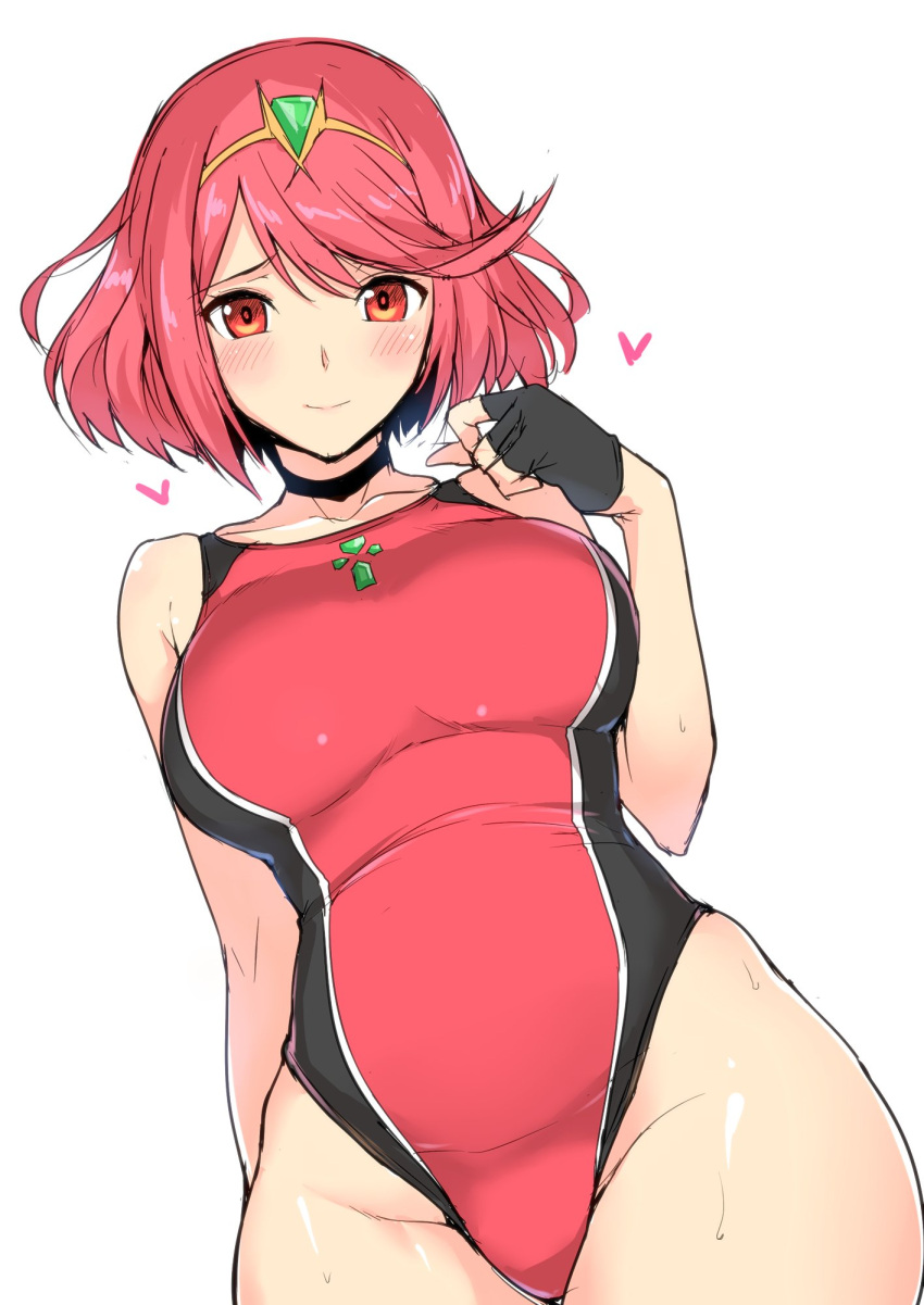1girl blush breasts fingerless_gloves gloves harukon_(halcon) highres pyra_(xenoblade) large_breasts looking_at_viewer one-piece_swimsuit red_eyes redhead short_hair simple_background smile solo swimsuit wide_hips xenoblade_(series) xenoblade_2