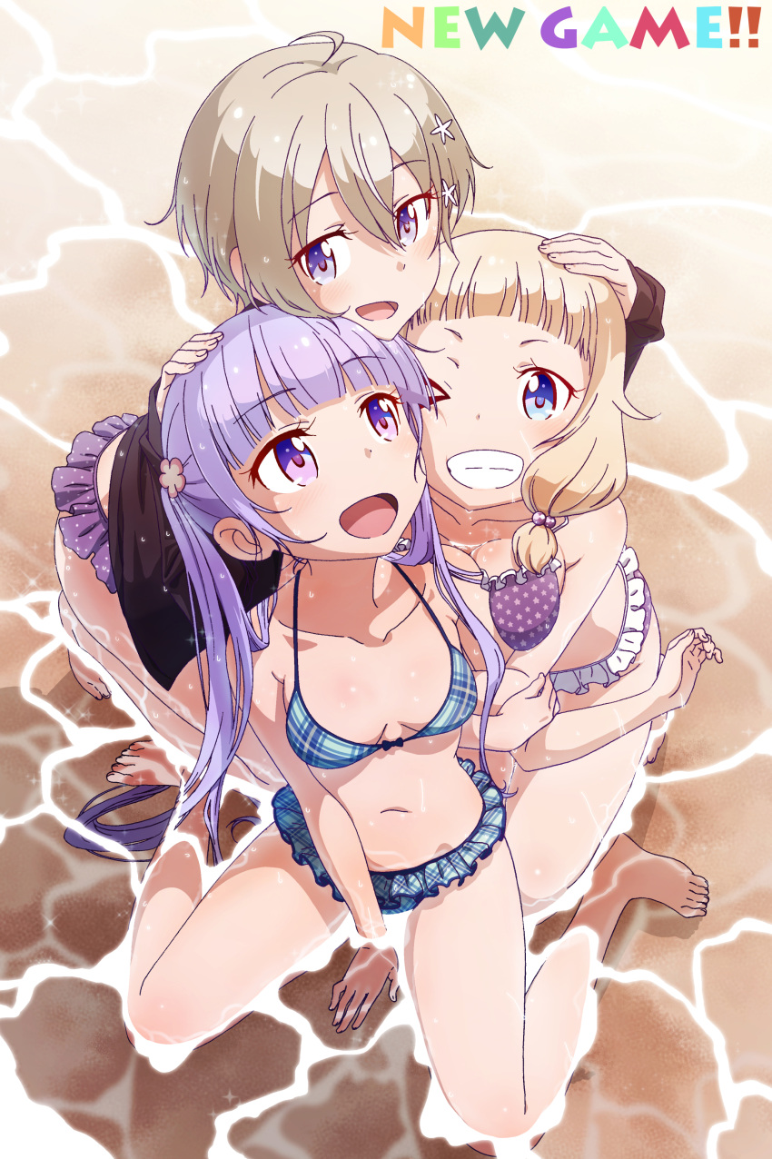 &gt;_o 3girls :d absurdres ahoge arm_hug bangs barefoot between_legs bikini blonde_hair blue_eyes blunt_bangs blush breast_press breasts breasts_apart brown_hair collarbone copyright_name eyebrows_visible_through_hair from_above full_body girl_sandwich grin hair_between_eyes hair_bobbles hair_ornament hand_between_legs hand_on_another's_head highres hoshikawa_hotaru kneeling lavender_hair long_hair looking_at_viewer looking_up medium_breasts multiple_girls new_game! one_eye_closed open_mouth pink_x plaid plaid_bikini purple_bikini sakura_nene sandwiched sitting smile sparkle star star_print suzukaze_aoba swimsuit twintails violet_eyes wariza water wet wet_hair