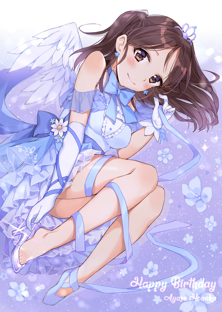 1girl asymmetrical_gloves ayase_honoka blush bow brown_eyes brown_hair character_name chobi_(penguin_paradise) dress earrings elbow_gloves flower glass_slipper gloves happy_birthday highres idolmaster idolmaster_cinderella_girls jewelry long_hair looking_at_viewer ribbon smile solo tiara white_dress white_gloves