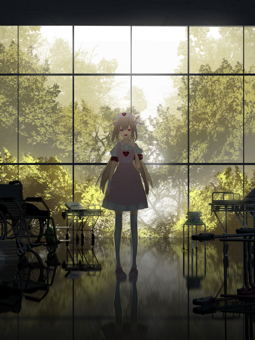 1girl :d absurdres asuteroid bandage bandaged_arm bed bright_pupils brown_hair collared_shirt commentary_request dress hand_up hat highres hospital_bed indoors long_hair looking_at_viewer natori_sana nurse nurse_cap open_mouth pink_dress puffy_short_sleeves puffy_sleeves red_eyes reflection reflective_floor sana_channel shirt shoes short_sleeves smile solo standing thigh-highs tree two_side_up virtual_youtuber wheelchair white_legwear white_shirt window