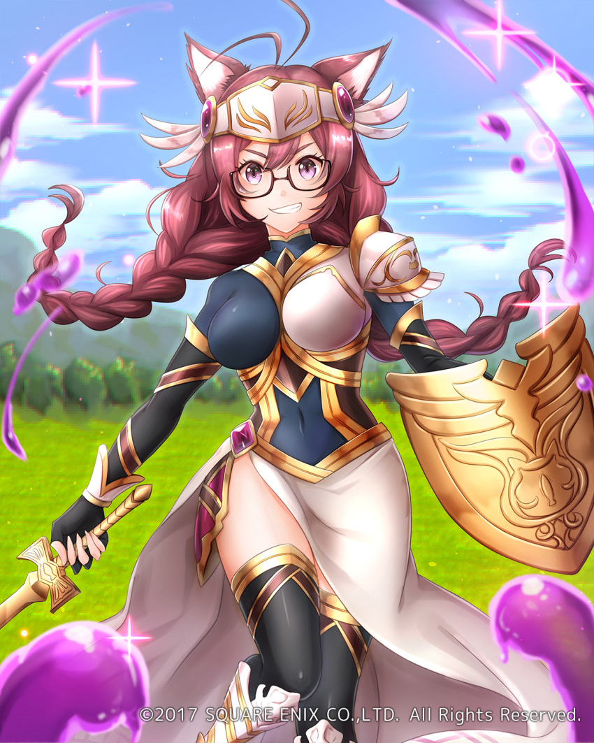 1girl animal_ears antenna_hair black-framed_eyewear black_gloves black_legwear blue_sky blurry blurry_background braid breasts brown_hair cleavage clouds covered_navel elbow_gloves fingerless_gloves glasses gloves grass greaves headpiece highres holding holding_sword holding_weapon long_hair mappaninatta official_art parted_lips pixelated shield sky slime solo standing sword thigh-highs twin_braids twintails venus_rumble violet_eyes weapon