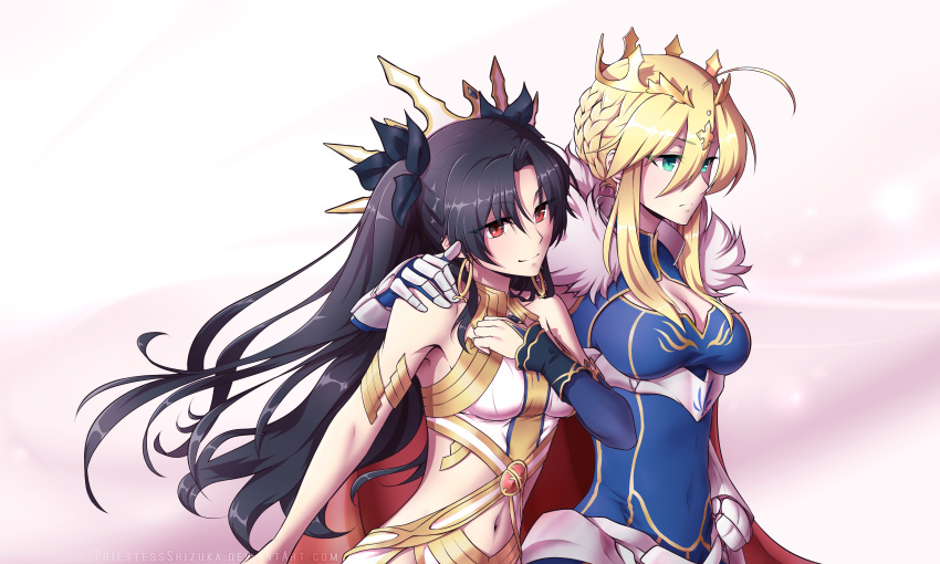 2girls absurdres artoria_pendragon_(all) artoria_pendragon_(lancer) black_hair braid breasts cleavage commentary_request crown fate/grand_order fate_(series) frown gauntlets hair_ribbon hand_on_another's_shoulder highres ishtar_(fate/grand_order) large_breasts long_hair multiple_girls navel priestessshizuka red_eyes ribbon saber small_breasts smile tohsaka_rin two_side_up watermark web_address