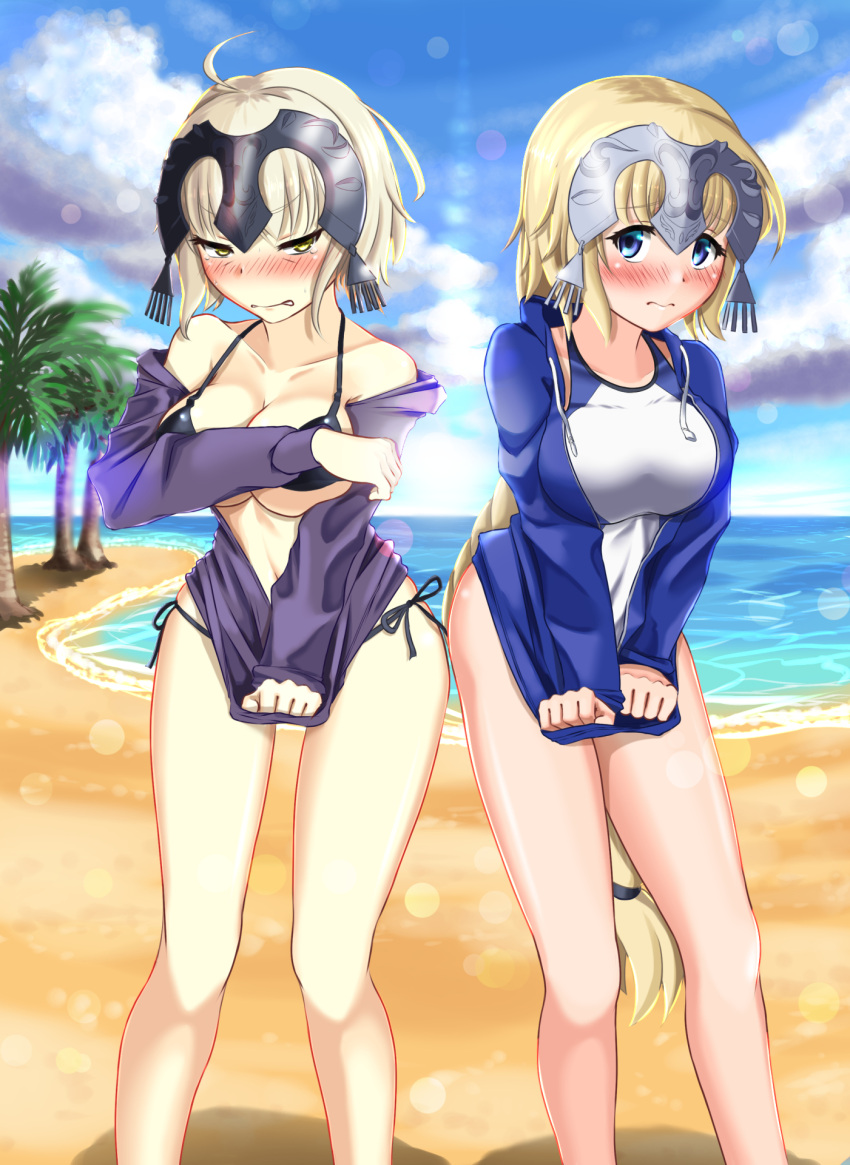 0-pie 2girls ahoge angry barefoot beach bikini black_bikini blonde_hair blue_eyes blush braid breasts commentary_request covering covering_breasts embarrassed fate/grand_order fate_(series) headpiece highres hood hood_down hoodie jeanne_d'arc_(alter)_(fate) jeanne_d'arc_(fate) jeanne_d'arc_(fate)_(all) large_breasts long_braid long_hair multiple_girls ocean one-piece_swimsuit open_clothes open_hoodie pixiv_fate/grand_order_contest_2 shirt_tug side-tie_bikini silver_hair single_braid swimsuit swimsuit_under_clothes thigh_gap very_long_hair wavy_mouth yellow_eyes
