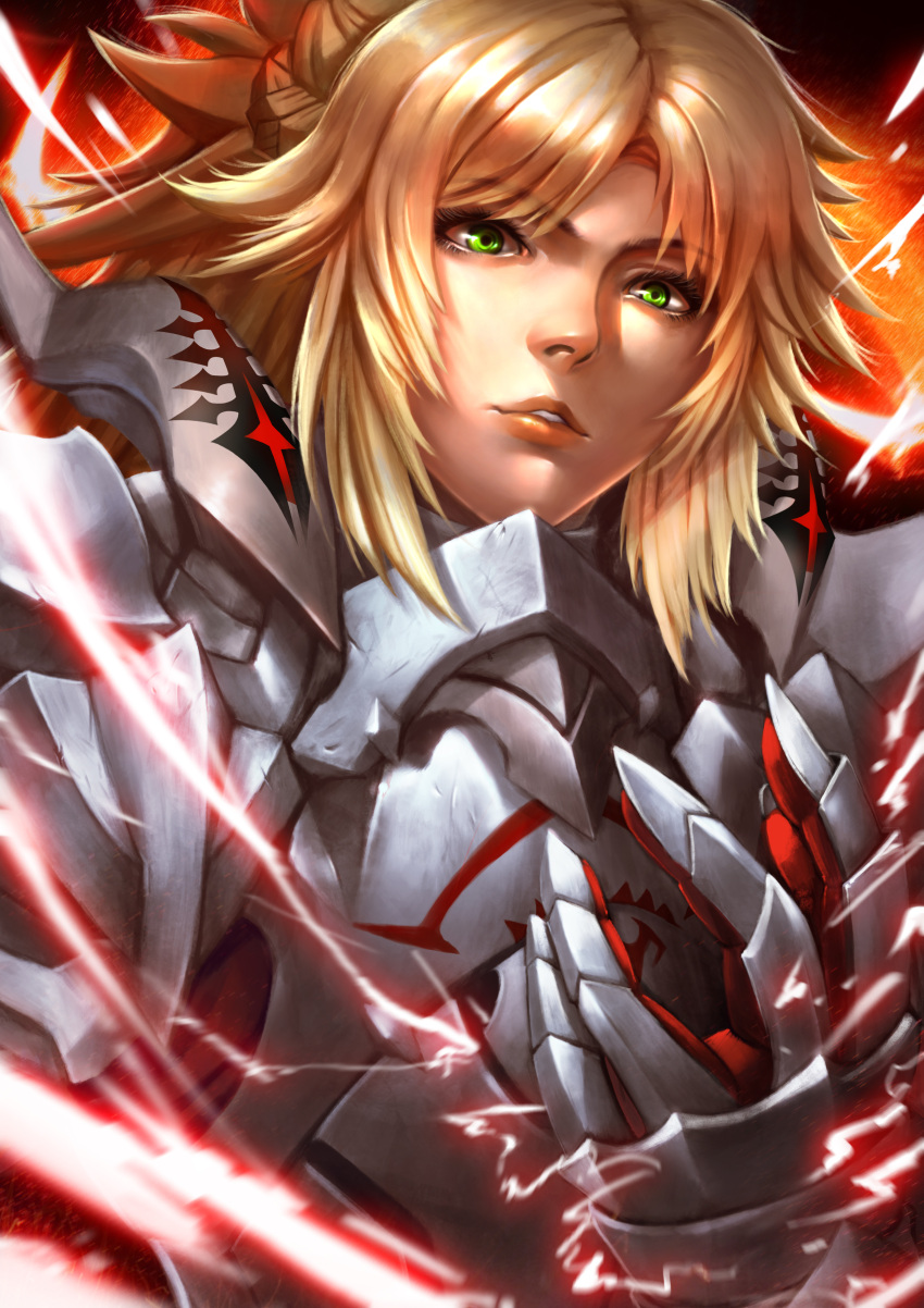 1girl absurdres armor blonde_hair electricity fate/grand_order fate_(series) gauntlets green_eyes highres medium_hair mordred_(fate) mordred_(fate)_(all) ponytail sekaizero solo spiky_hair