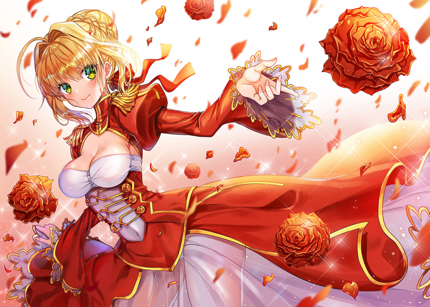 1girl blonde_hair bow braid closed_mouth cowboy_shot dress fate/extra fate/grand_order fate_(series) flower french_braid gradient gradient_background green_eyes hair_bow hair_bun hair_intakes juliet_sleeves leotard long_sleeves looking_at_viewer nero_claudius_(fate) nero_claudius_(fate)_(all) petals pink_background pixiv_fate/grand_order_contest_2 puffy_sleeves ratise red_bow red_dress red_flower red_rose rose rose_petals saber_extra see-through short_hair skirt smile solo white_background white_leotard