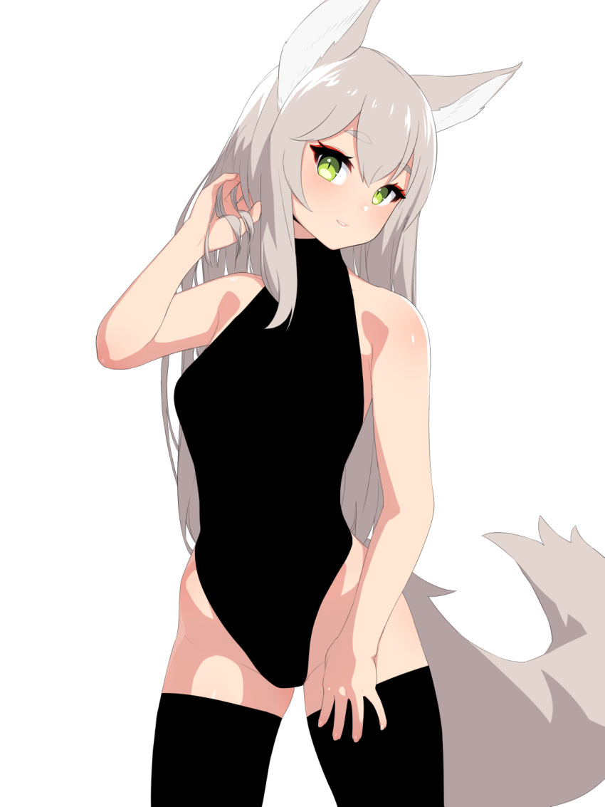 1girl animal_ears bare_arms bare_shoulders black_legwear black_leotard blush breasts cowboy_shot eyebrows_visible_through_hair fox_ears fox_tail green_eyes grey_hair hand_in_hair hand_up head_tilt highres legs_apart leotard looking_at_viewer medium_breasts nezuko original parted_lips simple_background slit_pupils smile solo standing tail thigh-highs white_background