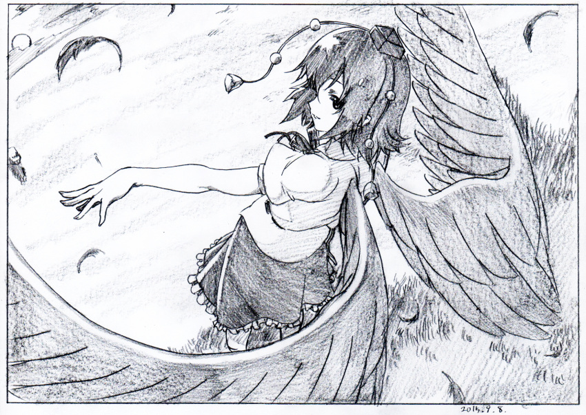 1girl bird_wings black_border border dated day dutch_angle graphite_(medium) greyscale hat highres key_frame leaf looking_at_viewer looking_back monochrome neck_ribbon outdoors pink_x ribbon scan shameimaru_aya shirt short_hair skirt smile solo standing sun tokin_hat touhou traditional_media wings