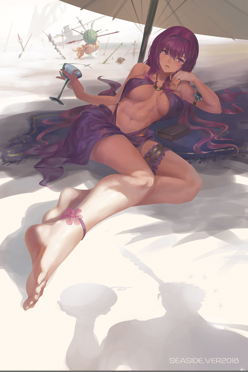 1girl abs ankle_ribbon barefoot beach beach_umbrella breasts cup fate/grand_order fate_(series) feet foreshortening gae_bolg highres lancer long_hair lying navel on_side out_of_frame purple_hair ribbon sand sarong scathach_(fate/grand_order) shadow soles solo_focus swimsuit toes umbrella under_boob ushas violet_eyes