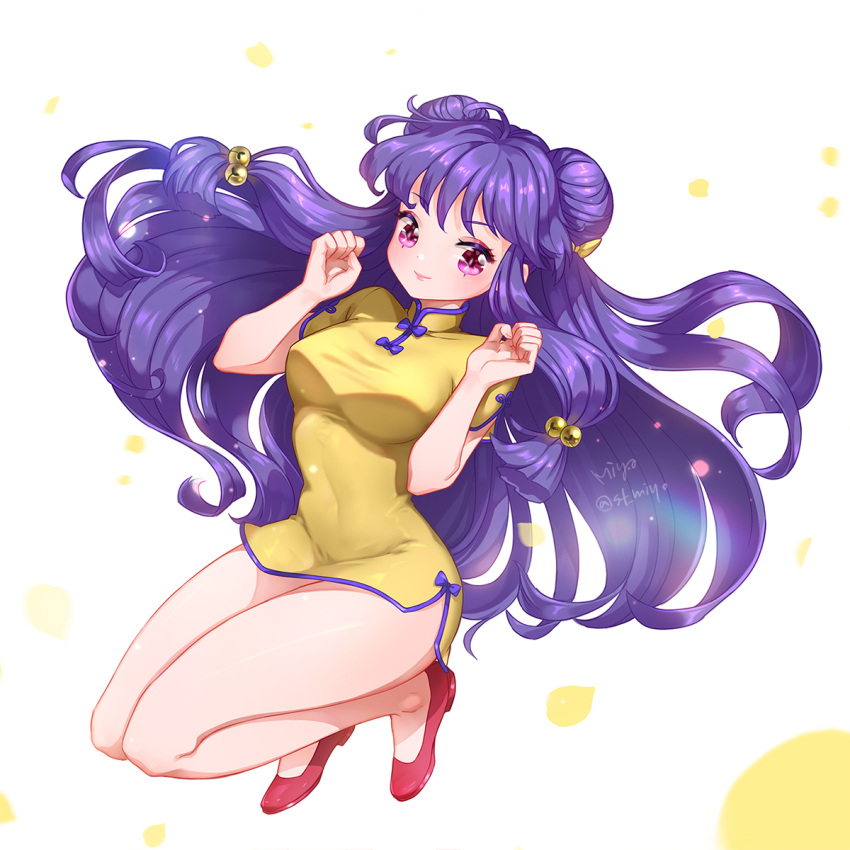 1girl artist_name bell china_dress chinese_clothes double_bun dress full_body hair_bell hair_ornament highres jingle_bell jumping long_hair miyo_(st_miyo) purple_hair ranma_1/2 red_footwear shampoo_(ranma_1/2) shoes short_dress short_sleeves smile solo very_long_hair violet_eyes yellow_dress