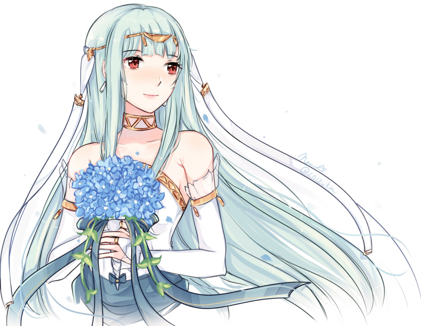 1girl bare_shoulders blue_hair bride cape dress elbow_gloves fire_emblem fire_emblem:_rekka_no_ken fire_emblem_heroes flower gloves long_hair mamkute nana_(mizukas) ninian simple_background solo strapless strapless_dress veil wedding wedding_dress white_flower white_gloves