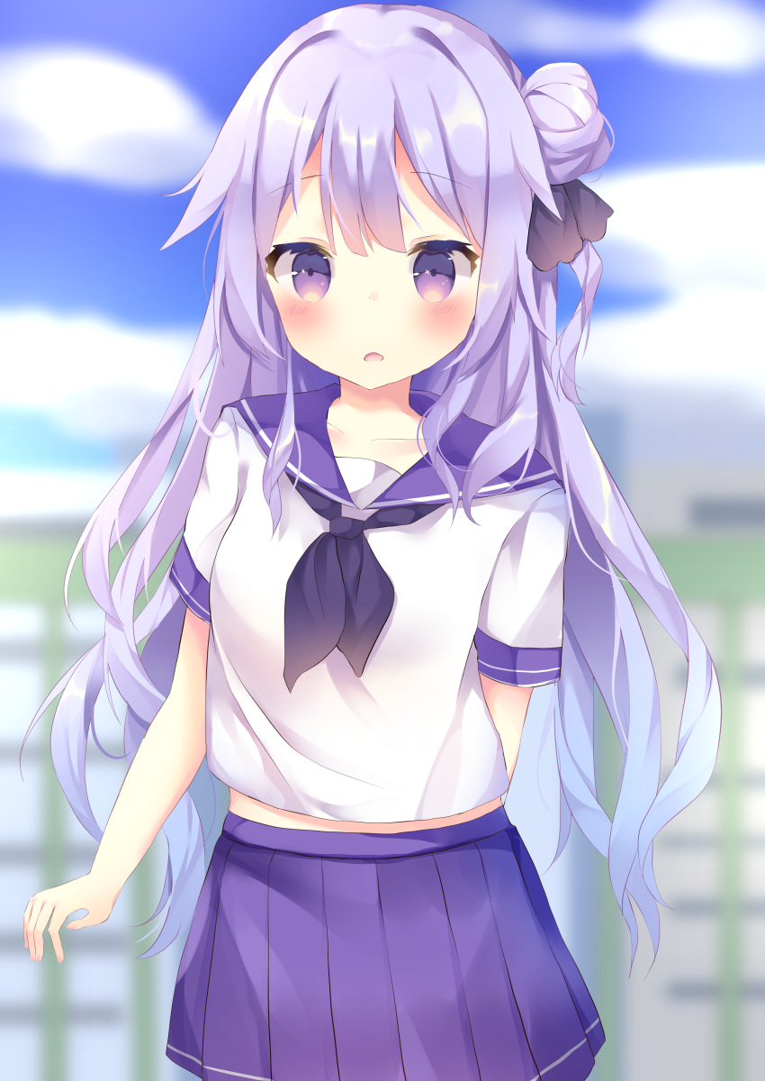 1girl absurdres alternate_costume azur_lane bangs black_neckwear black_ribbon blue_sky blurry blurry_background blush clouds commentary_request day depth_of_field eyebrows_visible_through_hair fingernails hair_between_eyes hair_bun hair_ribbon highres jewelry looking_at_viewer necklace one_side_up outdoors parted_lips pleated_skirt purple_hair purple_sailor_collar purple_skirt ribbon sailor_collar school_uniform serafuku shirt short_sleeves side_bun skirt sky solo tsuruse unicorn_(azur_lane) violet_eyes white_shirt